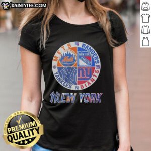Awesome New York Mets, Rangers, Yankees, and Giants mashup logo on a ladies tee showcasing NYC sports pride.