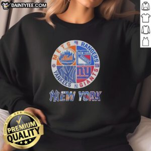 Awesome New York Mets, Rangers, Yankees, Giants mashup logo sweatshirt showcasing NYC sports team pride.