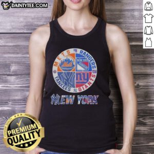 Alt Text: Awesome New York Mets, Rangers, Yankees, and Giants mashup logo tank top showcasing iconic NYC sports teams.
