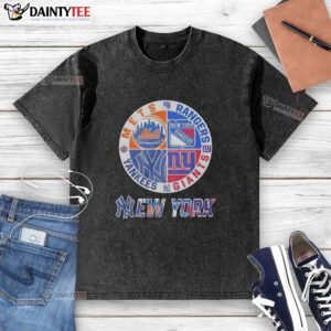 Awesome New York Mets, Rangers, Yankees, Giants mashup logo on a washed t-shirt, perfect for NYC sports fans.