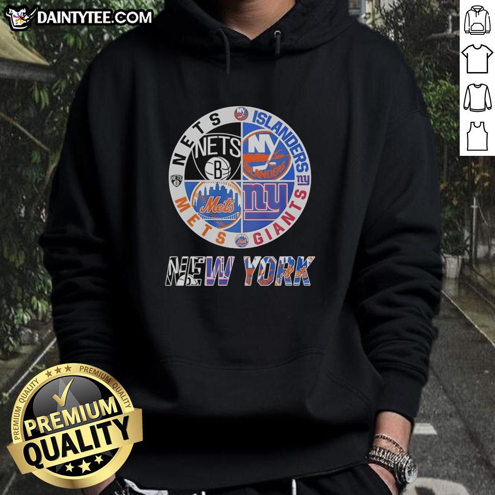 Awesome New York Nets, Islanders, Mets, and Giants mashup logo hoodie featuring bold team designs and vibrant colors.