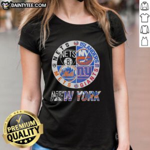 Awesome New York Nets, Islanders, Mets, Giants mashup logo on a ladies tee, perfect for NYC sports fans.