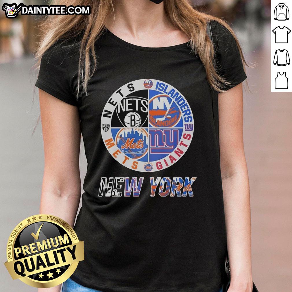 Awesome New York Nets, Islanders, Mets, Giants mashup logo on a ladies tee, perfect for NYC sports fans.