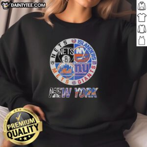 Alt Text: Awesome New York Nets Islanders Mets Giants mashup logo sweatshirt showcasing iconic NYC sports teams.