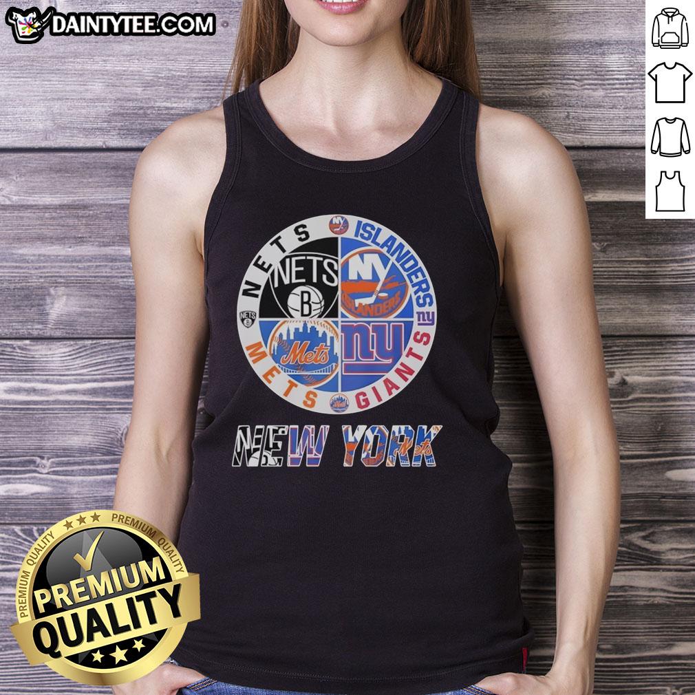 Alt Text: Stylish mashup logo tank top featuring New York Nets, Islanders, Mets, and Giants for sports fans and fashion lovers.
