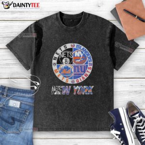 Alt Text: Awesome New York Nets, Islanders, Mets, Giants mashup logo on a washed t-shirt, perfect for NYC sports fans.