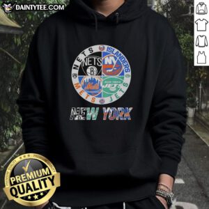 Awesome New York Nets, Islanders, Mets, and Jets mashup logo hoodie showcasing NYC sports team pride.