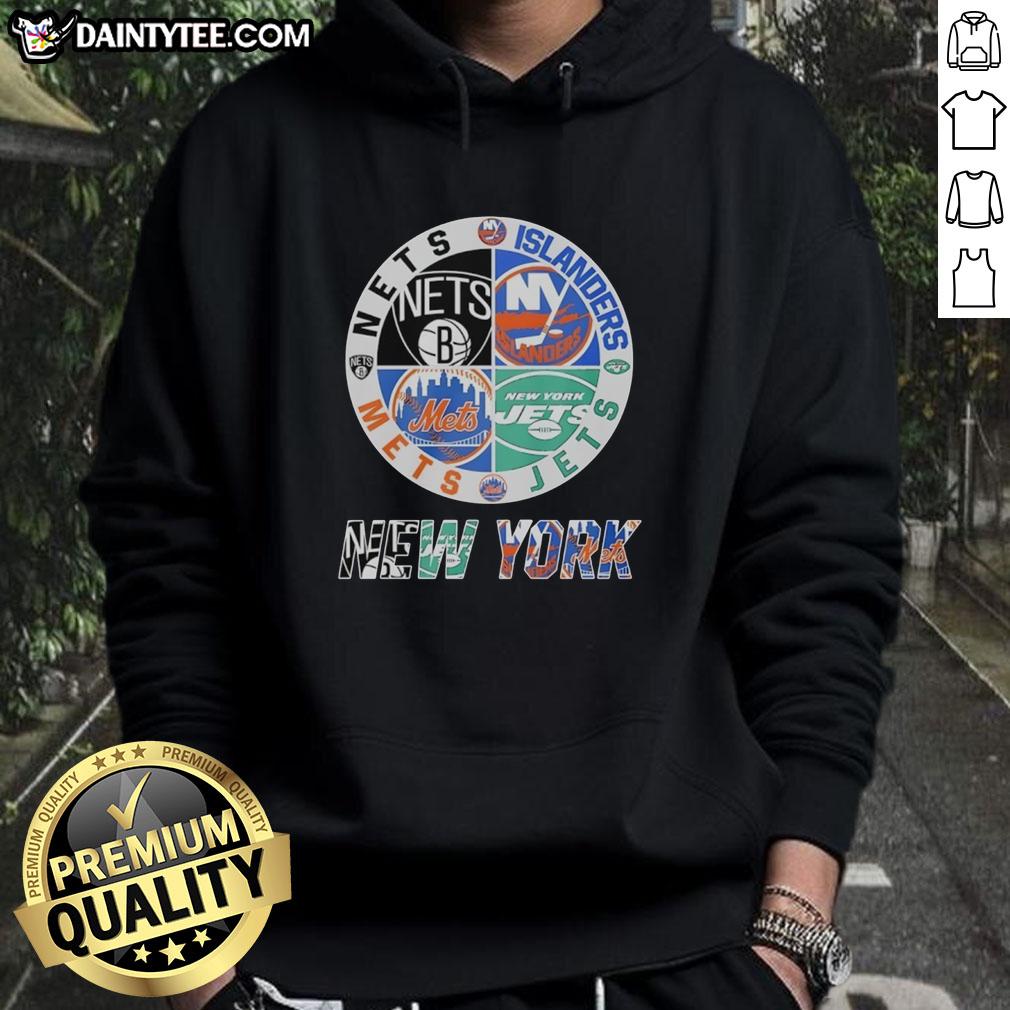 Awesome New York Nets, Islanders, Mets, and Jets mashup logo hoodie showcasing NYC sports team pride.