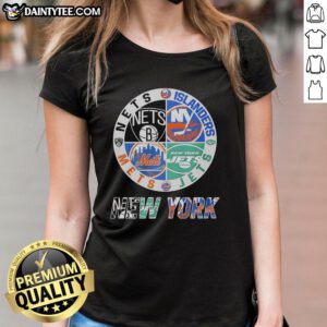 Awesome New York Nets, Islanders, Mets, and Jets mashup logo on a stylish ladies tee, perfect for sports fans.