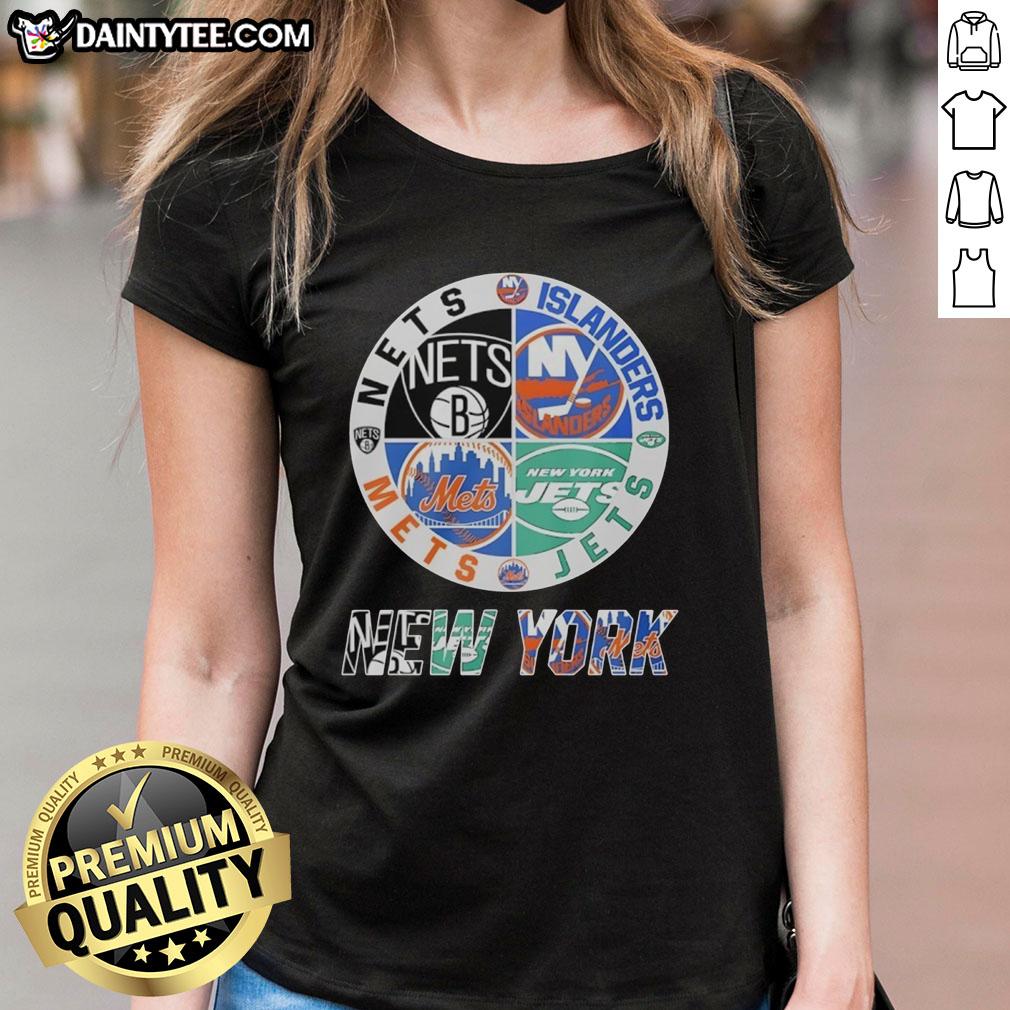 Awesome New York Nets, Islanders, Mets, and Jets mashup logo on a stylish ladies tee, perfect for sports fans.