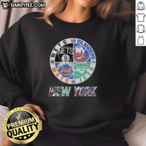 Alt Text: Awesome New York Nets, Islanders, Mets, and Jets mashup logo sweatshirt showcasing NYC sports team pride.