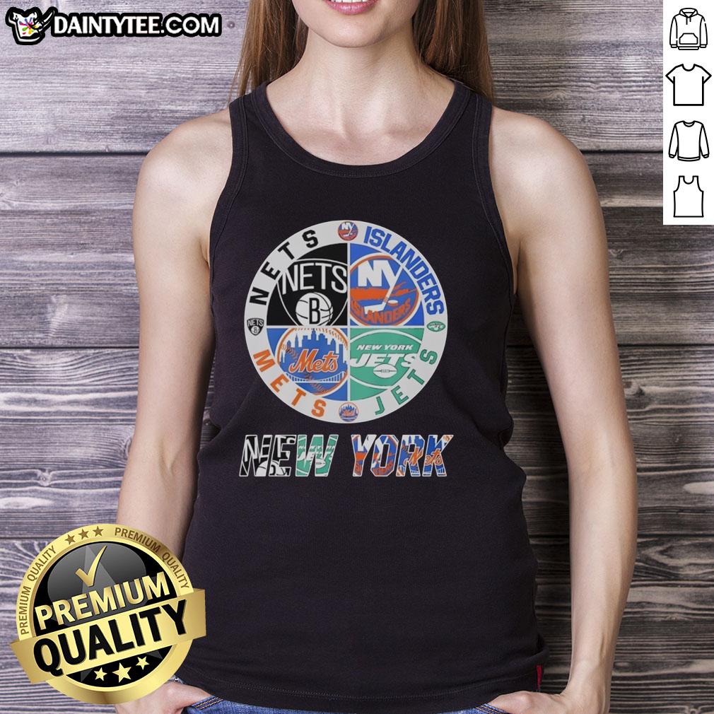 Awesome New York Nets, Islanders, Mets, and Jets mashup logo tank top featuring iconic team colors and designs.