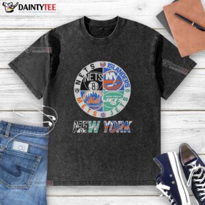 Awesome New York Nets, Islanders, Mets, and Jets mashup logo on a stylish washed t-shirt for sports fans.