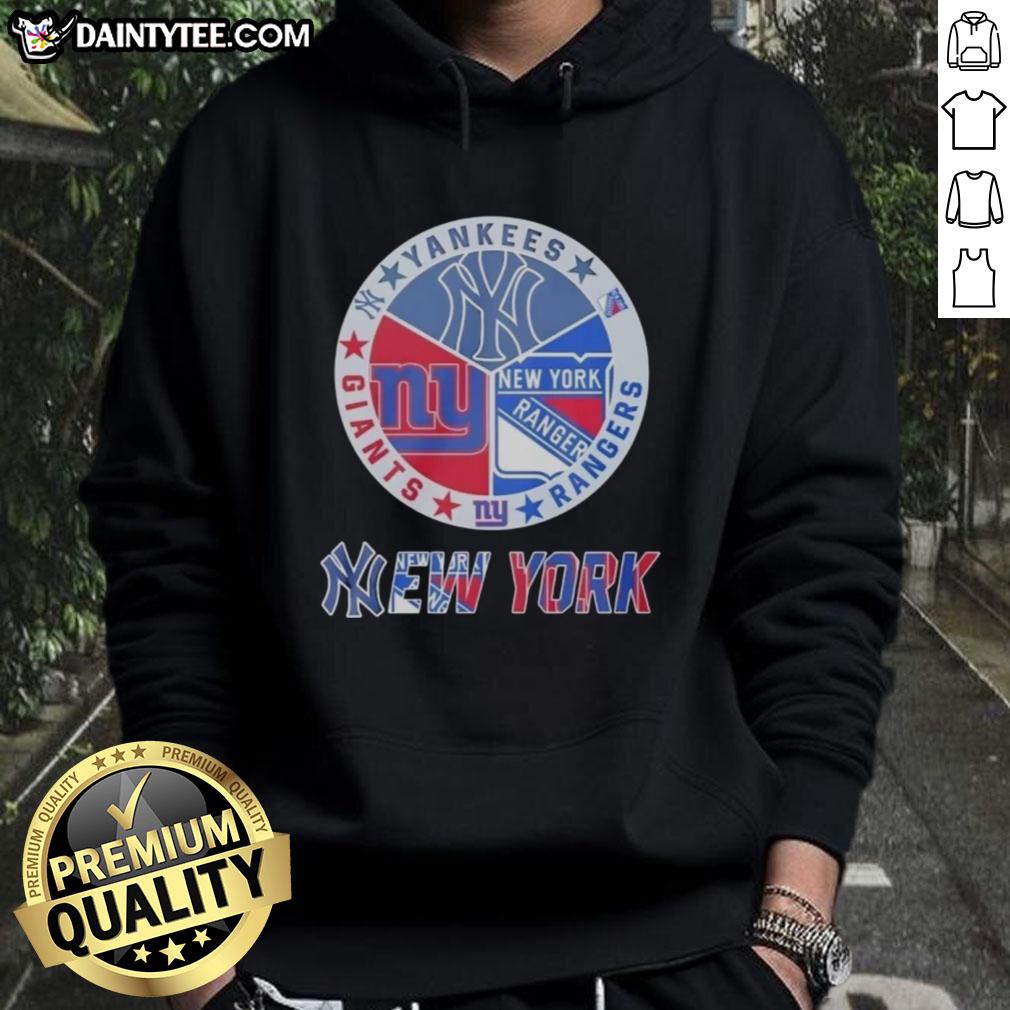 Awesome New York Yankees, Rangers, and Giants mashup logo hoodie showcasing vibrant team colors and unique design.