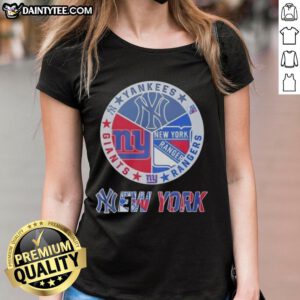 Awesome New York Yankees, Rangers, and Giants mashup logo on a stylish ladies tee for sports fans.