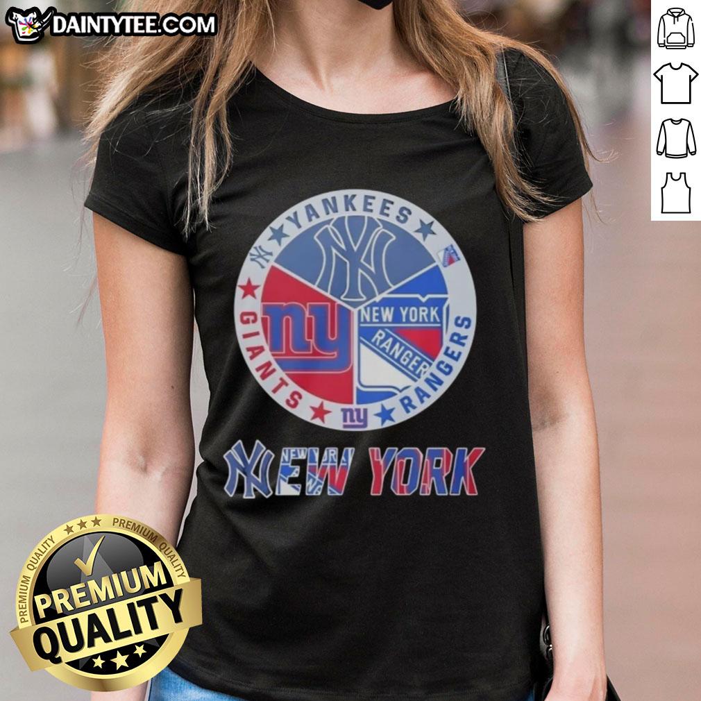 Awesome New York Yankees, Rangers, and Giants mashup logo on a stylish ladies tee for sports fans.