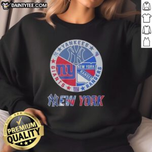 Awesome New York Yankees, Rangers, Giants mashup logo sweatshirt showcasing iconic NYC sports team designs.