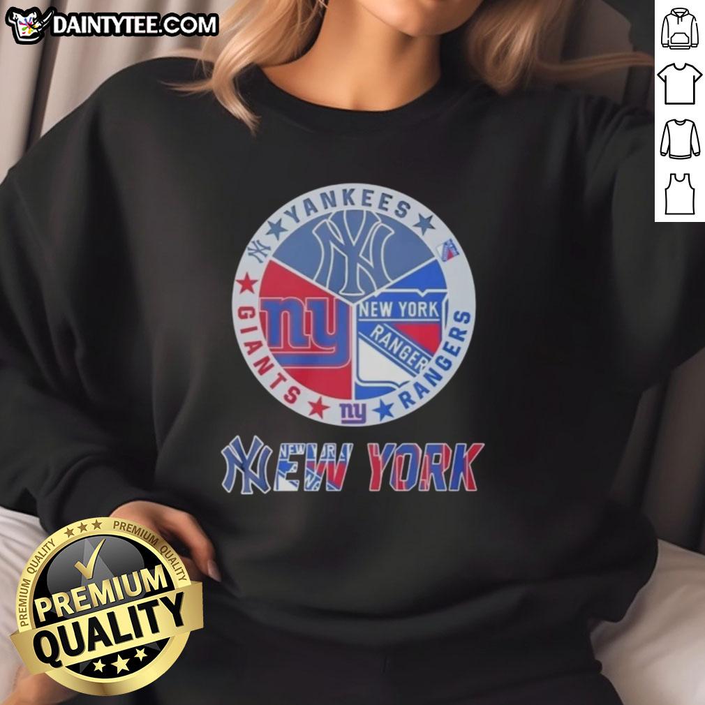 Awesome New York Yankees, Rangers, Giants mashup logo sweatshirt showcasing iconic NYC sports team designs.