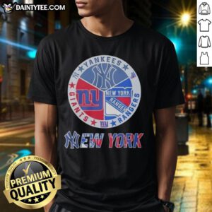 Alt Text: Awesome New York Yankees, Rangers, and Giants mashup logo t-shirt showcasing vibrant team colors and designs.