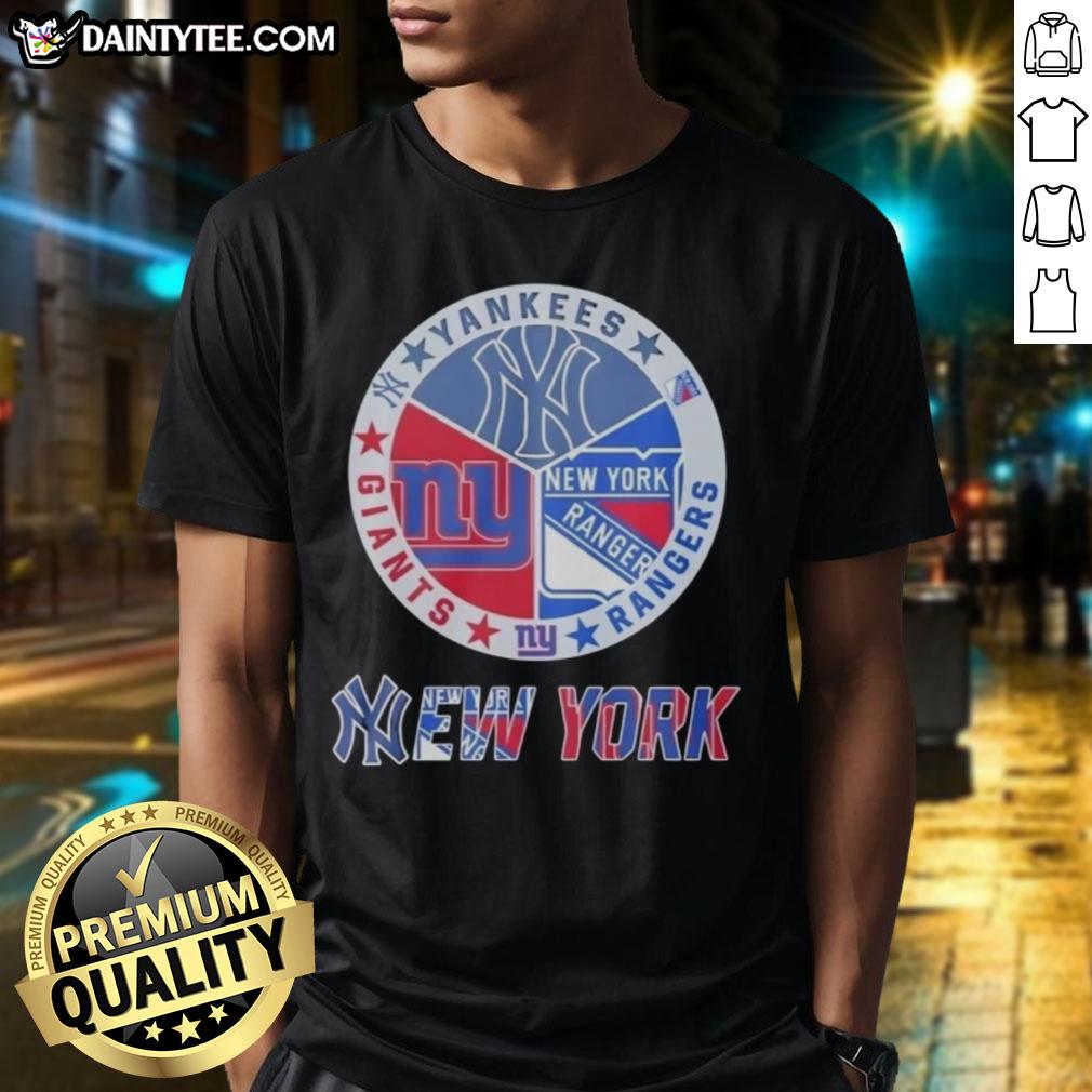 Alt Text: Awesome New York Yankees, Rangers, and Giants mashup logo t-shirt showcasing vibrant team colors and designs.