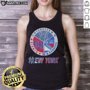 Awesome New York Yankees, Rangers, Giants mashup logo tank top featuring iconic team colors and designs.