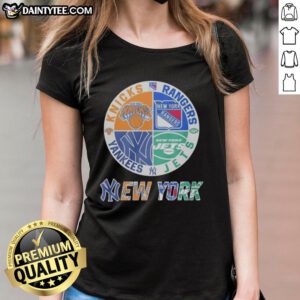 Awesome New York Yankees, Rangers, Jets, and Knicks mashup logo on a ladies tee showcasing NYC sports pride.