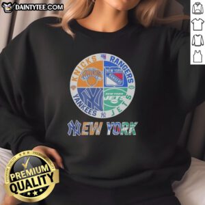 Awesome New York Yankees, Rangers, Jets, Knicks mashup logo sweatshirt featuring iconic team logos in vibrant colors.