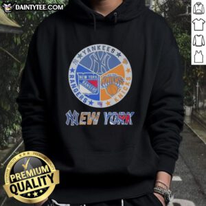 Awesome New York Yankees, Rangers, and Knicks mashup logo hoodie showcasing team pride and style.