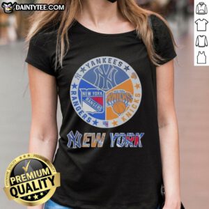 Awesome New York Yankees, Rangers, and Knicks mashup logo on a ladies tee, perfect for NYC sports fans.