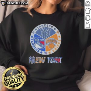 Alt Text: Awesome New York Yankees, Rangers, and Knicks mashup logo sweatshirt showcasing team pride and style.