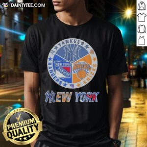 Alt Text: Awesome New York Yankees, Rangers, and Knicks mashup logo T-shirt design showcasing iconic team symbols.