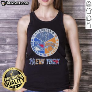 Awesome New York Yankees, Rangers, and Knicks mashup logo tank top showcasing team spirit in stylish design.