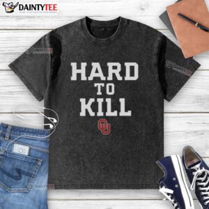 Alt Text: Awesome Oklahoma Sooners Football Hard to Kill logo on a washed t-shirt, perfect for fans and casual wear.