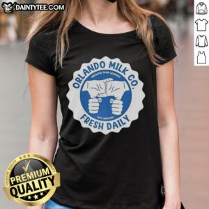 Awesome Orlando Milk Co. 100% Organic logo on a ladies tee, fresh daily and imported from Germany.