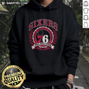 Alt Text: Retro hoodie featuring the Philadelphia 76ers NBA logo framed by a laurel wreath, perfect for basketball fans.