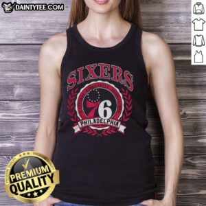 Retro tank top featuring the Philadelphia 76ers NBA logo framed in a laurel wreath, perfect for fans and collectors.
