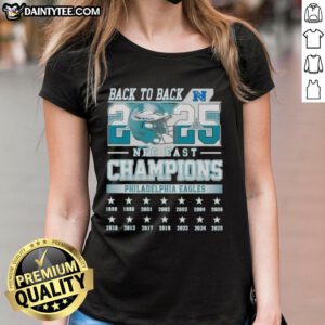 Philadelphia Eagles NFC East Champions 2025 ladies tee featuring vibrant design celebrating back-to-back victories.