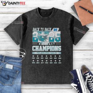 Alt Text: Awesome Philadelphia Eagles Football NFC East Champions Back-to-Back 2025 Washed T-Shirt displayed on a hanger.