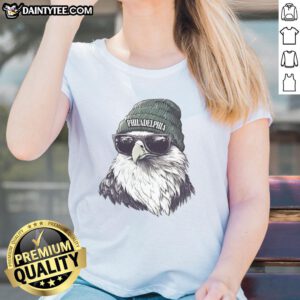Alt Text: Philadelphia Eagles mascot in a beanie and sunglasses, promoting the awesome ladies' tee design.