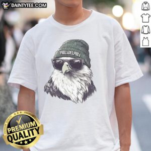 Alt Text: Awesome Philadelphia Eagles mascot wearing a beanie and sunglasses on a fun T-shirt design for fans.