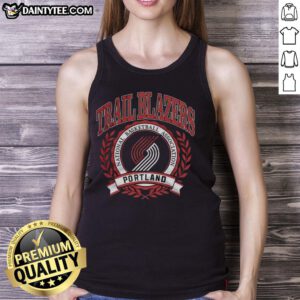 Retro Portland Trail Blazers logo in laurel wreath frame on a stylish tank top, perfect for NBA fans.