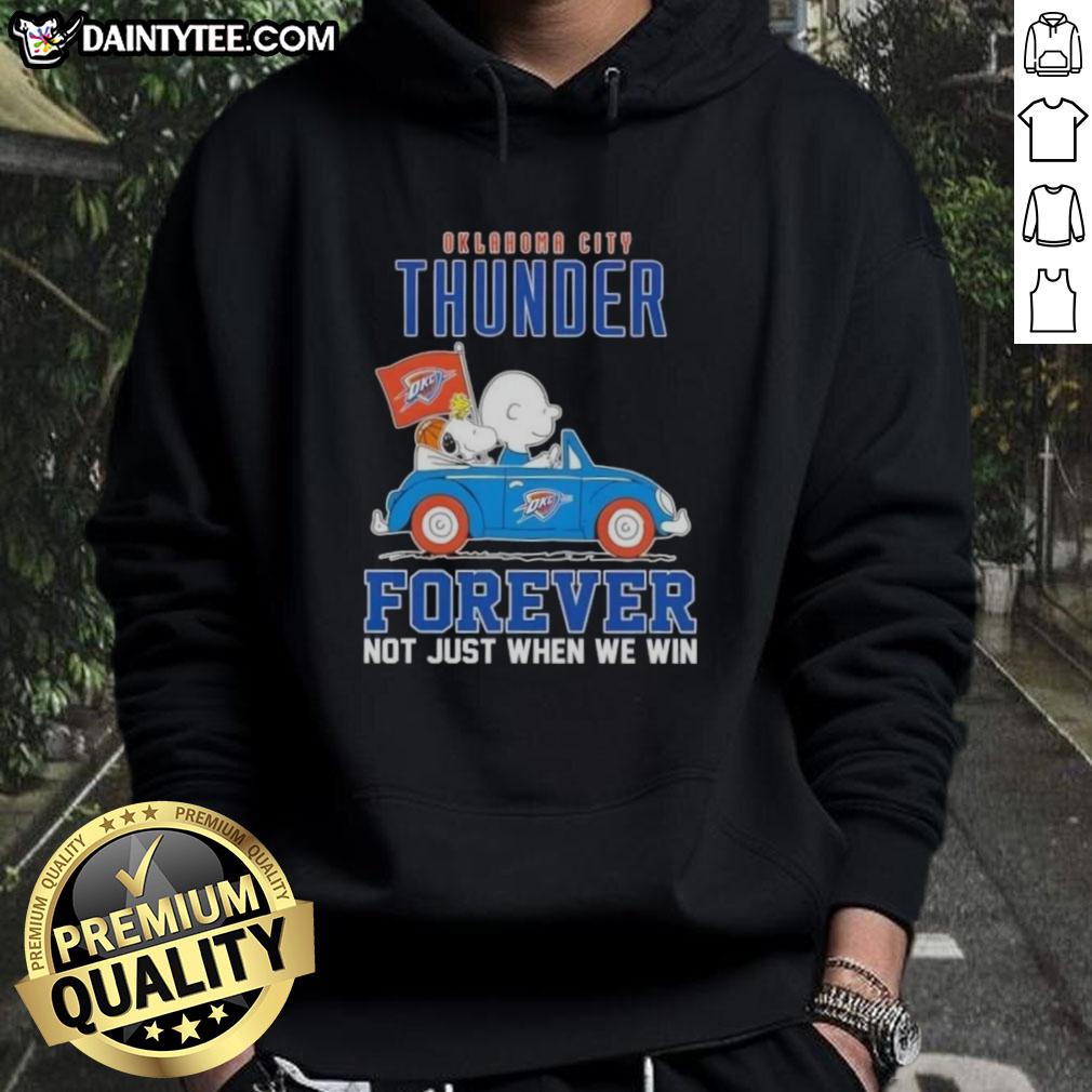 Alt Text: Awesome Snoopy and Charlie Brown driving a car, featuring Oklahoma City Thunder hoodie design, celebrating fandom.