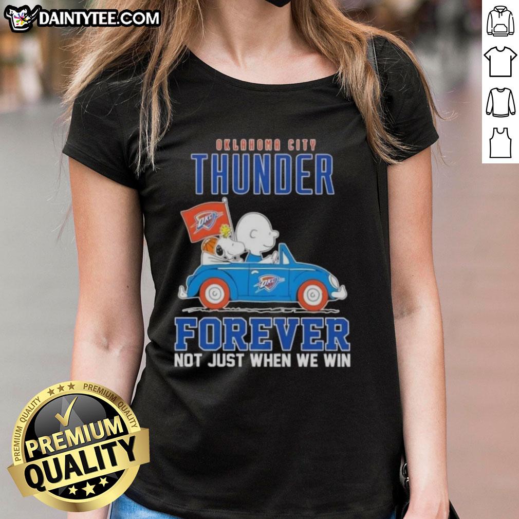 Alt Text: Snoopy and Charlie Brown driving a car, showcasing 'Oklahoma City Thunder Forever' on a ladies tee design.