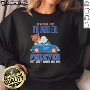 Awesome Snoopy and Charlie Brown driving a car in Oklahoma City Thunder sweatshirt, celebrating fandom and sports spirit.
