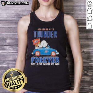 Awesome Snoopy and Charlie Brown driving a car in Oklahoma City Thunder tank top, celebrating team spirit and friendship.