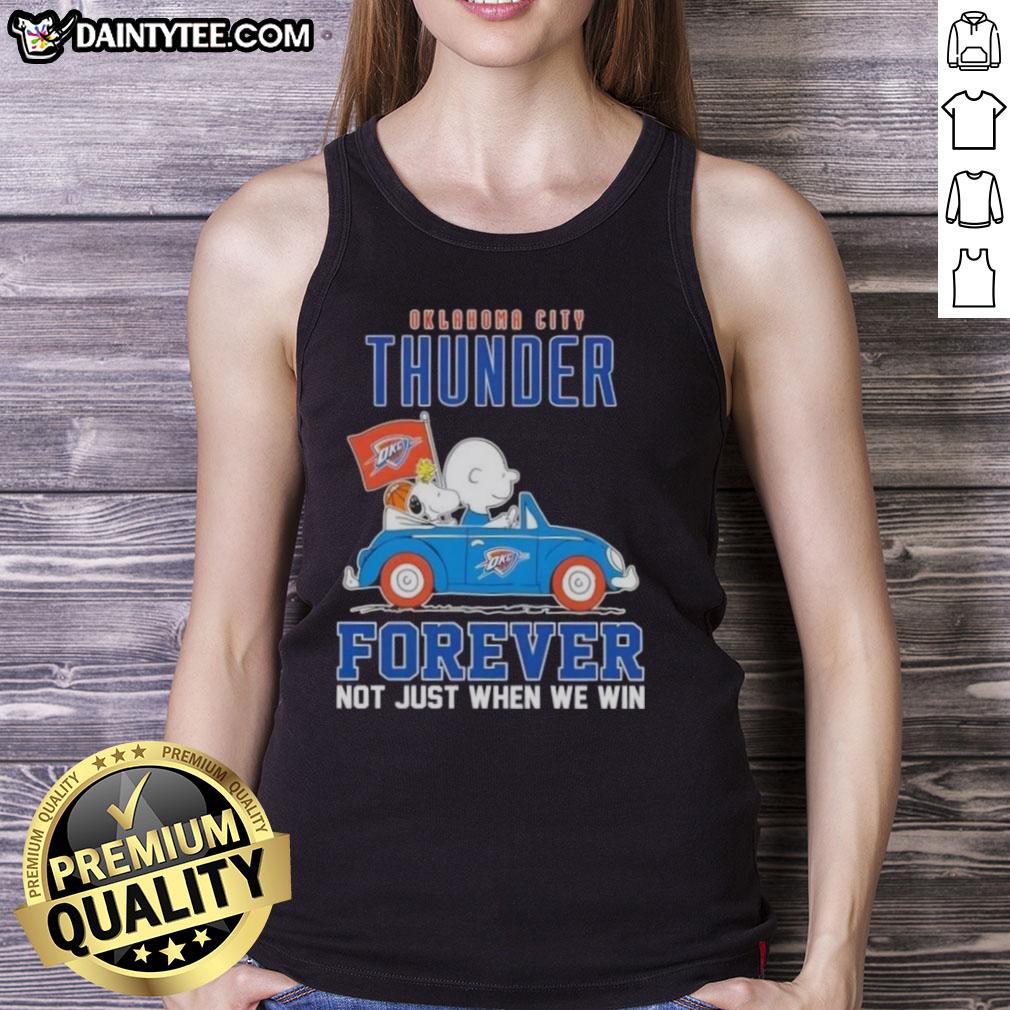 Awesome Snoopy and Charlie Brown driving a car in Oklahoma City Thunder tank top, celebrating team spirit and friendship.