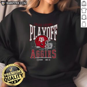 Alt Text: Awesome Texas A&M Aggies 2025-2026 College Football Playoff Bound helmet sweatshirt in maroon and white design.