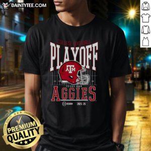 Awesome Texas A&M Aggies 2025-2026 College Football Playoff Bound Helmet T-Shirt design featuring team colors and logo.