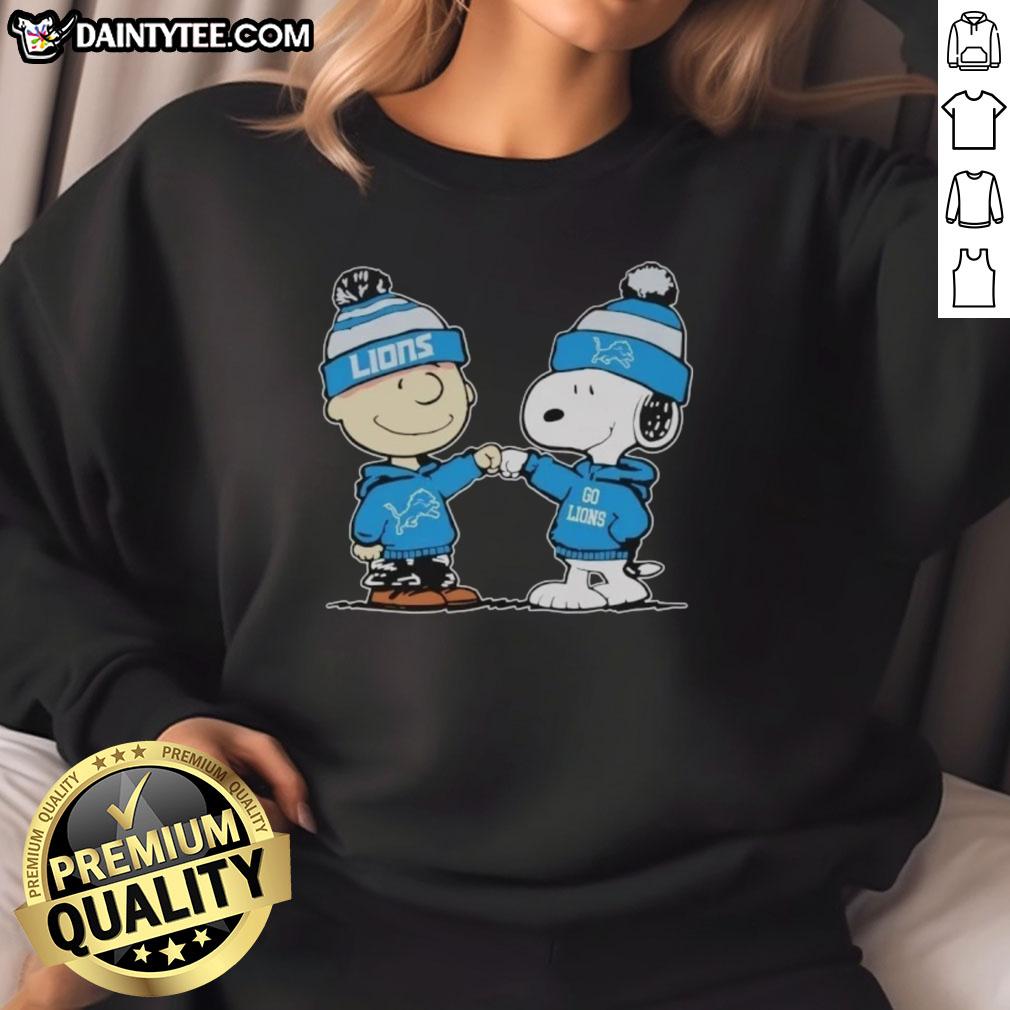 Alt Text: Cute Detroit Lions Snoopy and Charlie Brown Best Friends sweatshirt featuring playful cartoon design and team colors.