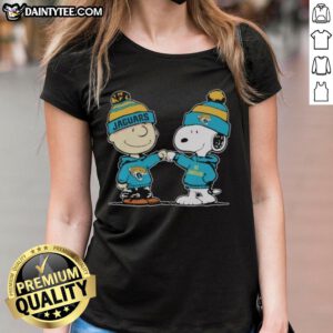 Cute Jacksonville Jaguars Snoopy and Charlie Brown best friends ladies tee showcasing playful team spirit.